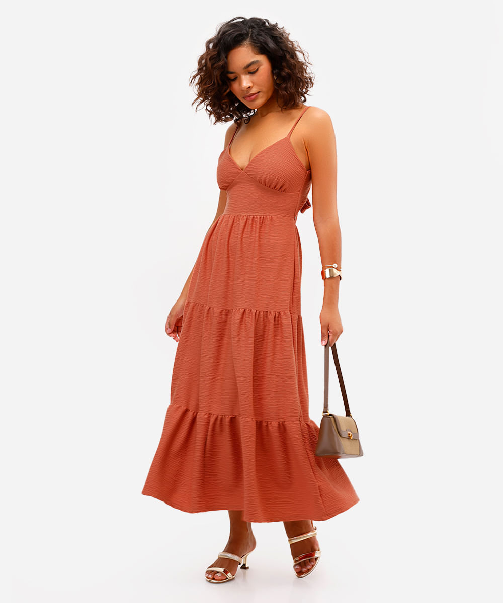 vestido feminino alças finas decote nas costas texturizado laranja