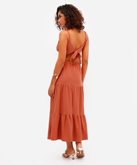 vestido feminino alças finas decote nas costas texturizado laranja