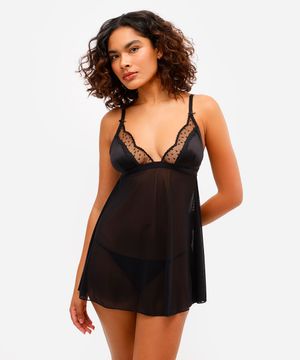 camisola sem bojo acetinada com tule e detalhe em poá bordado preto
