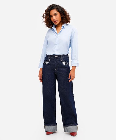 calça oversized feminina jeans com brilhos barra dobrada azul