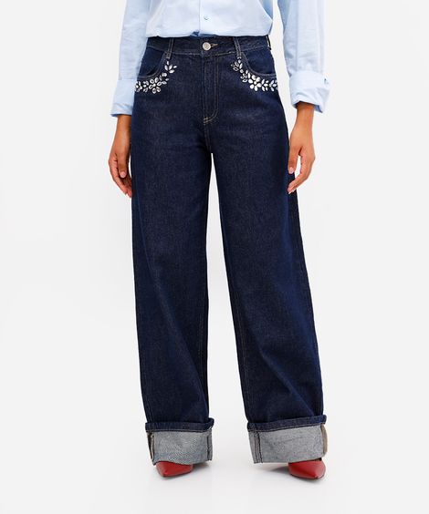 calça oversized feminina jeans com brilhos barra dobrada azul