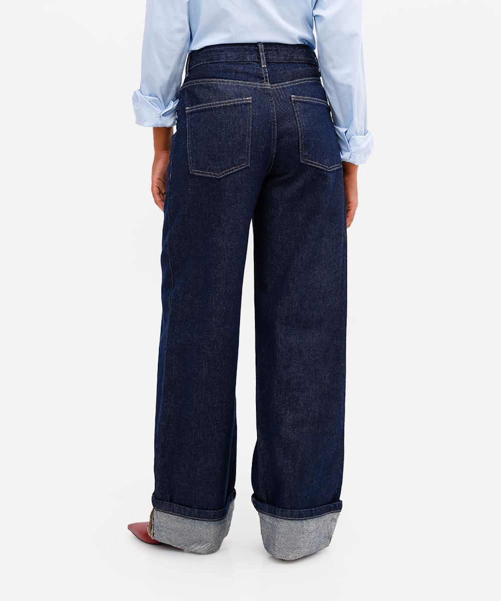 calça oversized feminina jeans com brilhos barra dobrada azul