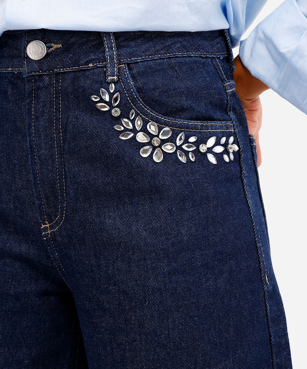 calça oversized feminina jeans com brilhos barra dobrada azul