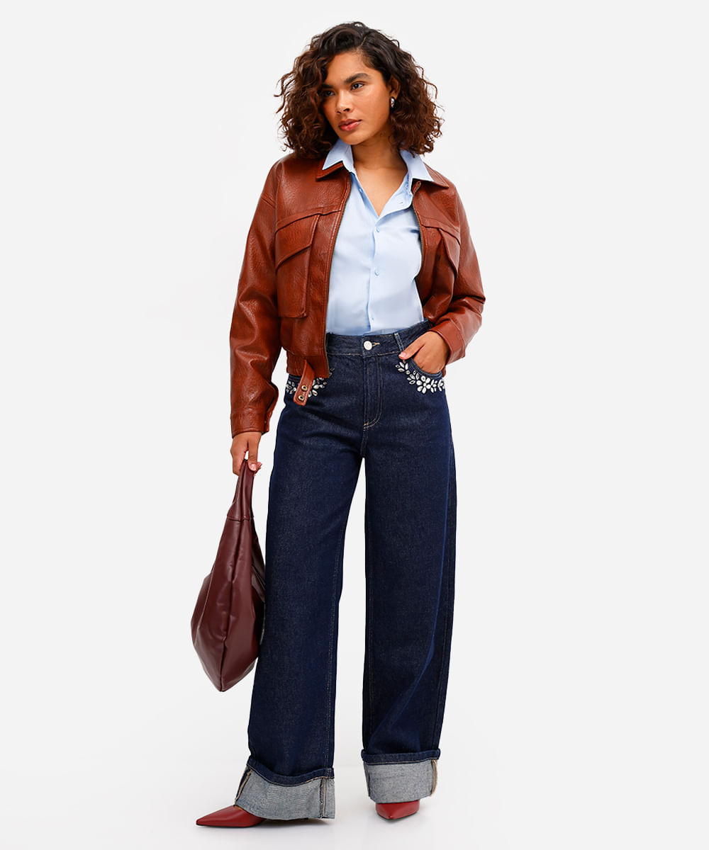 calça oversized feminina jeans com brilhos barra dobrada azul