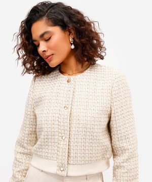jaqueta bomber feminina de tweed com lurex bege