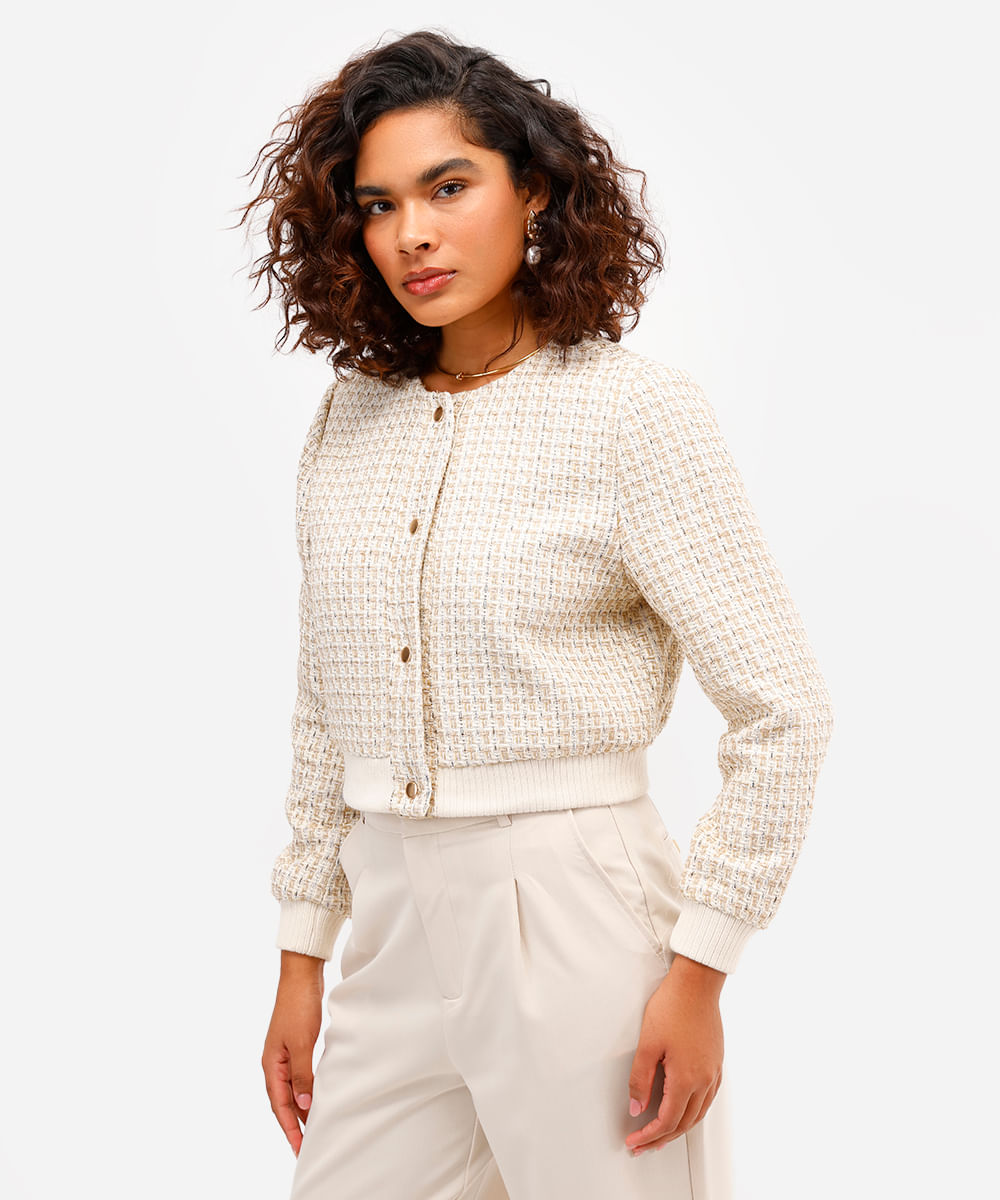 jaqueta bomber feminina de tweed com lurex bege