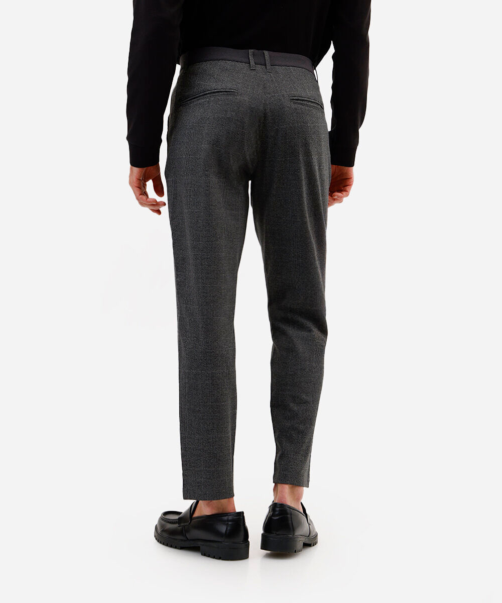 calça chino slim de alfaiataria masculina xadrez cinza
