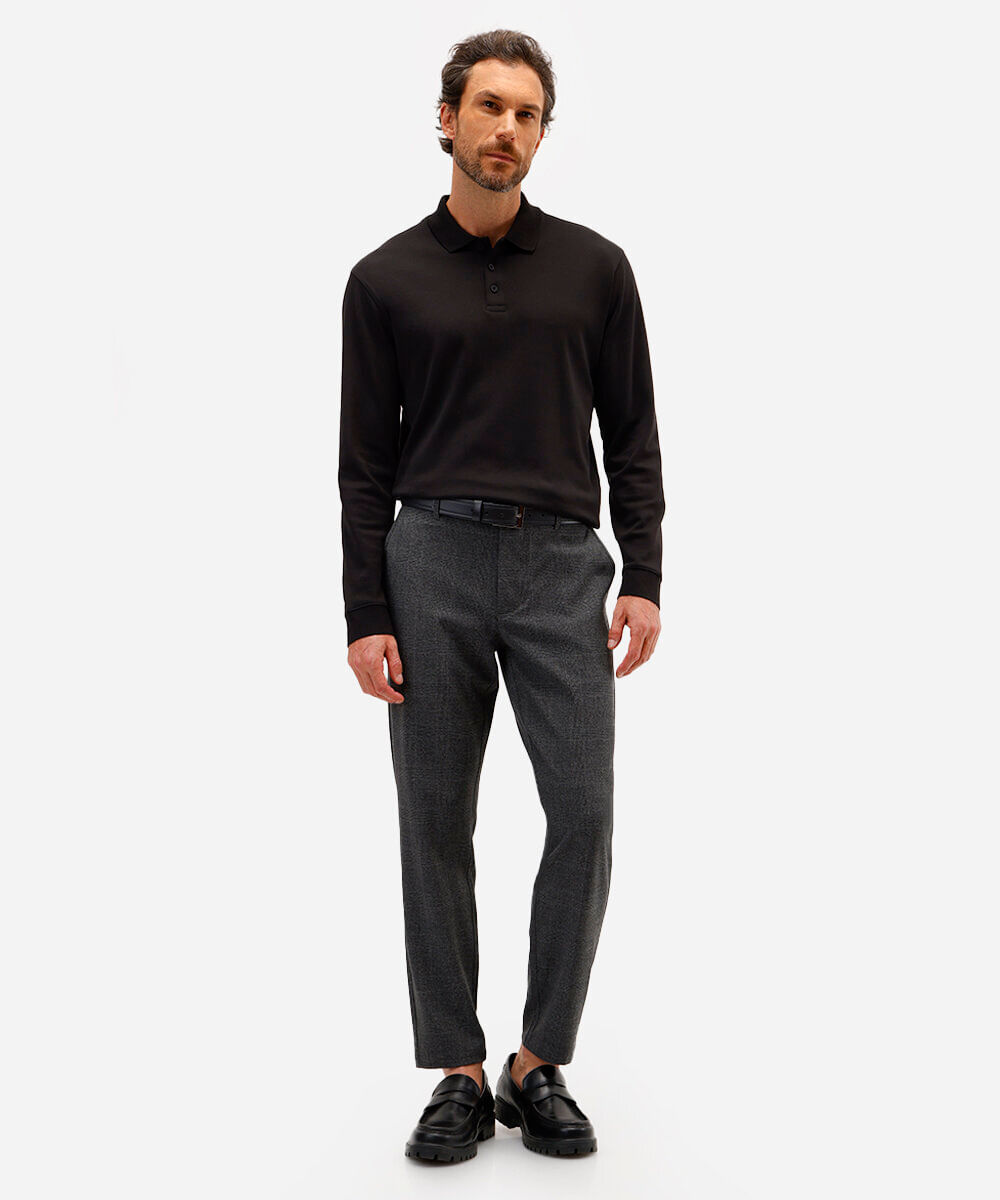 calça chino slim de alfaiataria masculina xadrez cinza