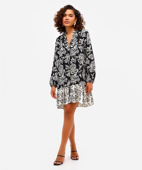 vestido chemise feminino de viscose com recorte paisley preta