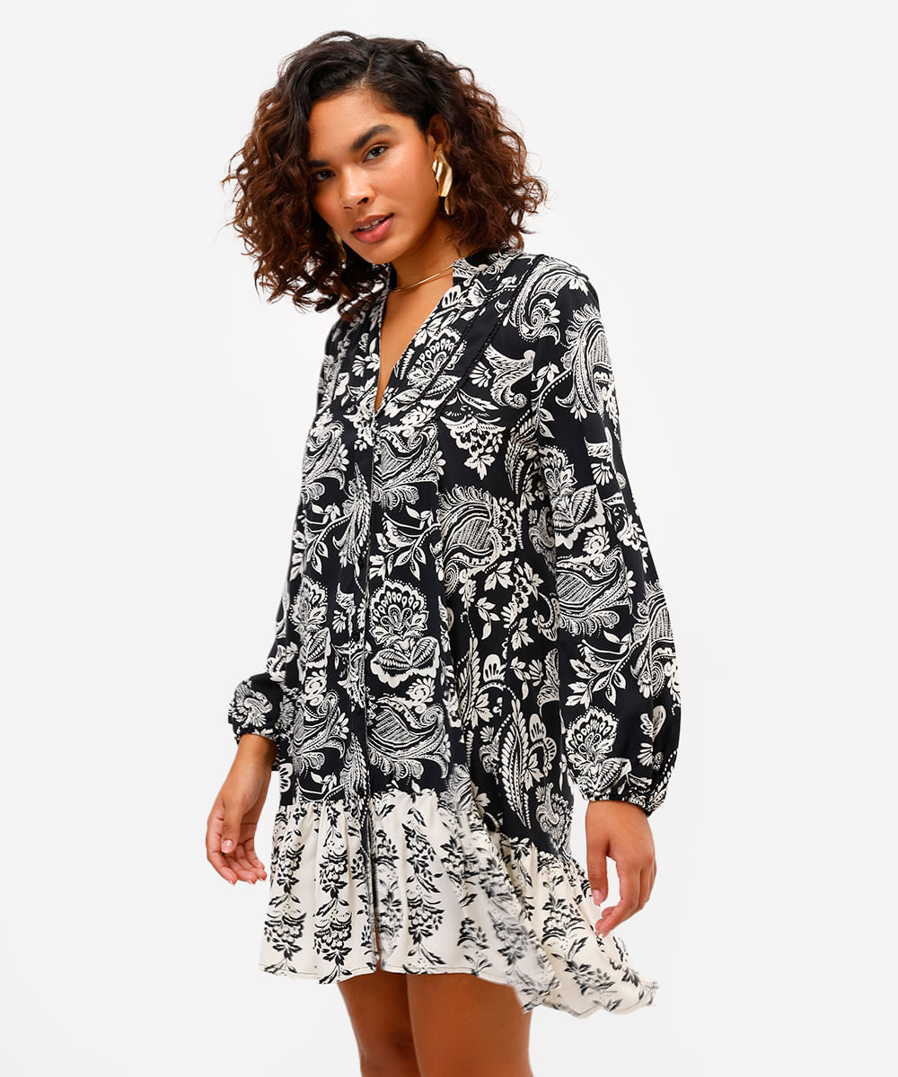 vestido chemise feminino de viscose com recorte paisley preta