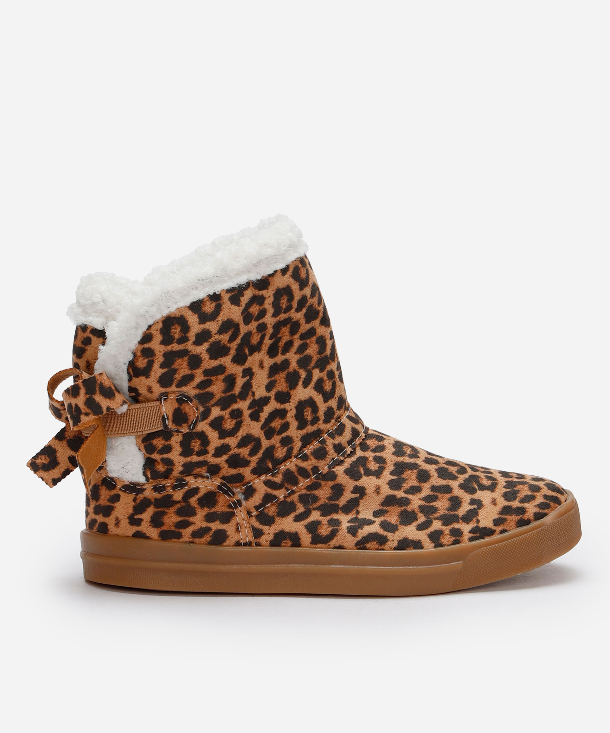 bota infantil cano curto forrada com laço animal print bege