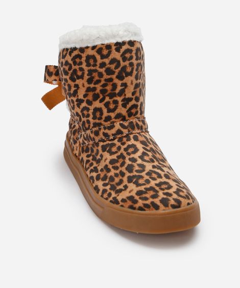 bota infantil cano curto forrada com laço animal print bege