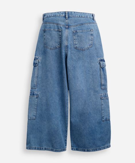 calça jeans juvenil skater com bolso cargo azul