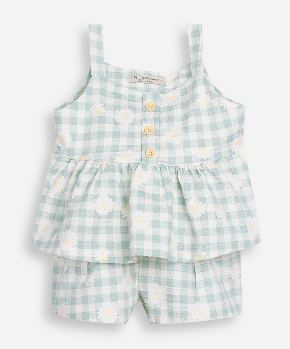 conjunto infantil xadrez texturizado floral verde