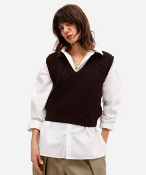colete de tricot decote v - marrom