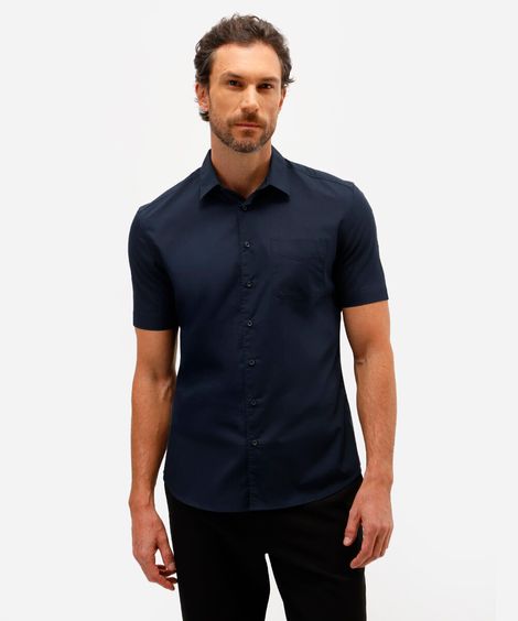 camisa manga curta com bolso azul