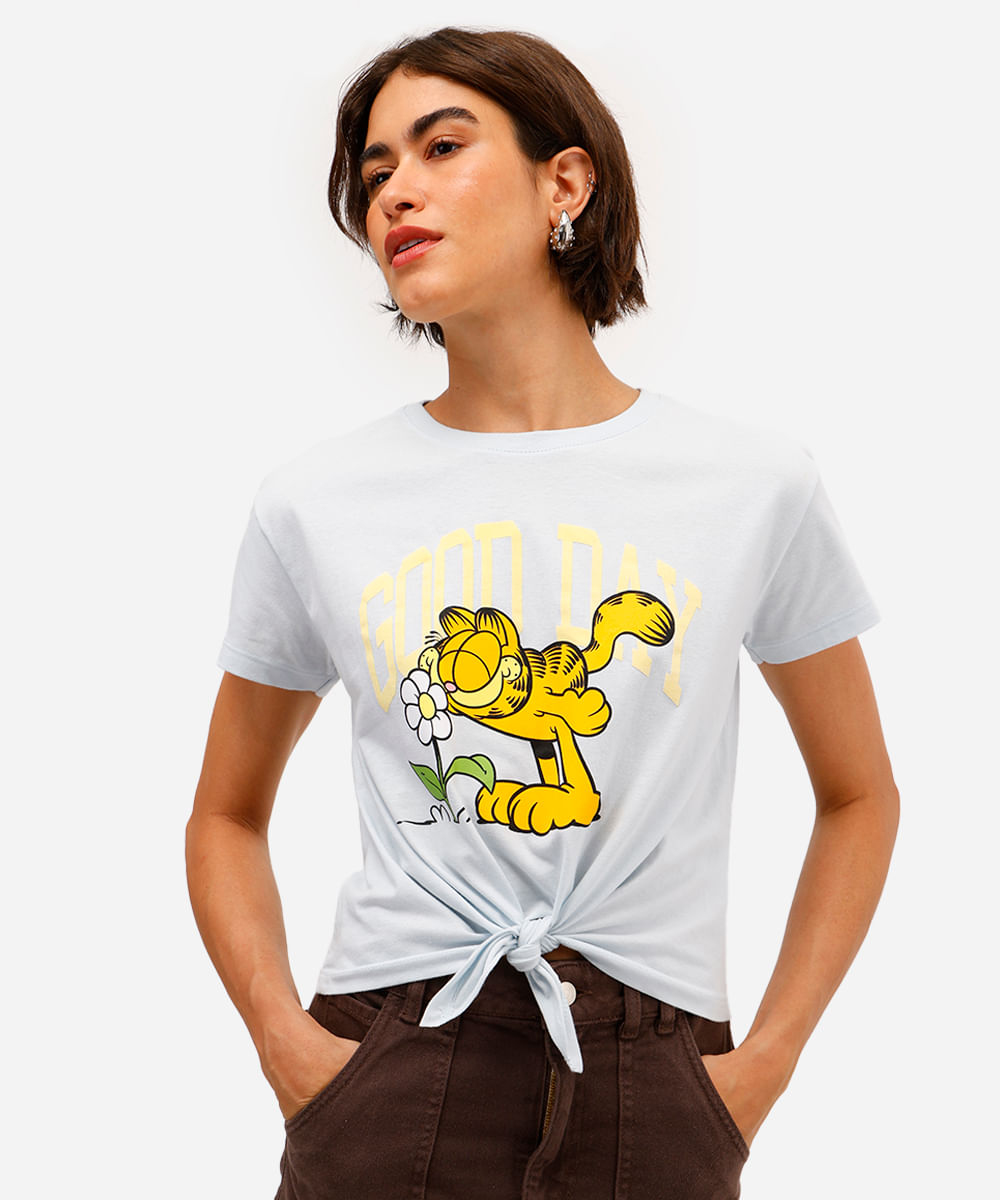 camiseta feminina de algodão garfield com amarração azul