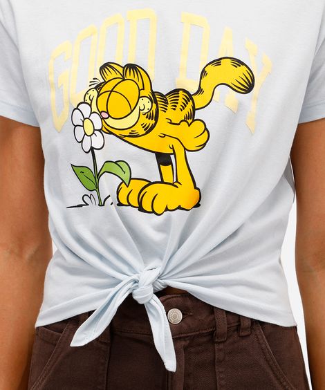 camiseta feminina de algodão garfield com amarração azul