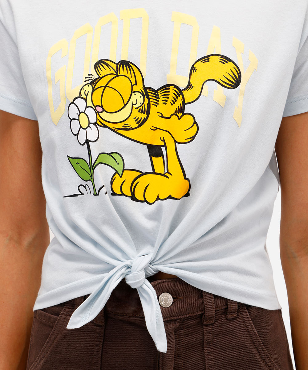 camiseta feminina de algodão garfield com amarração azul