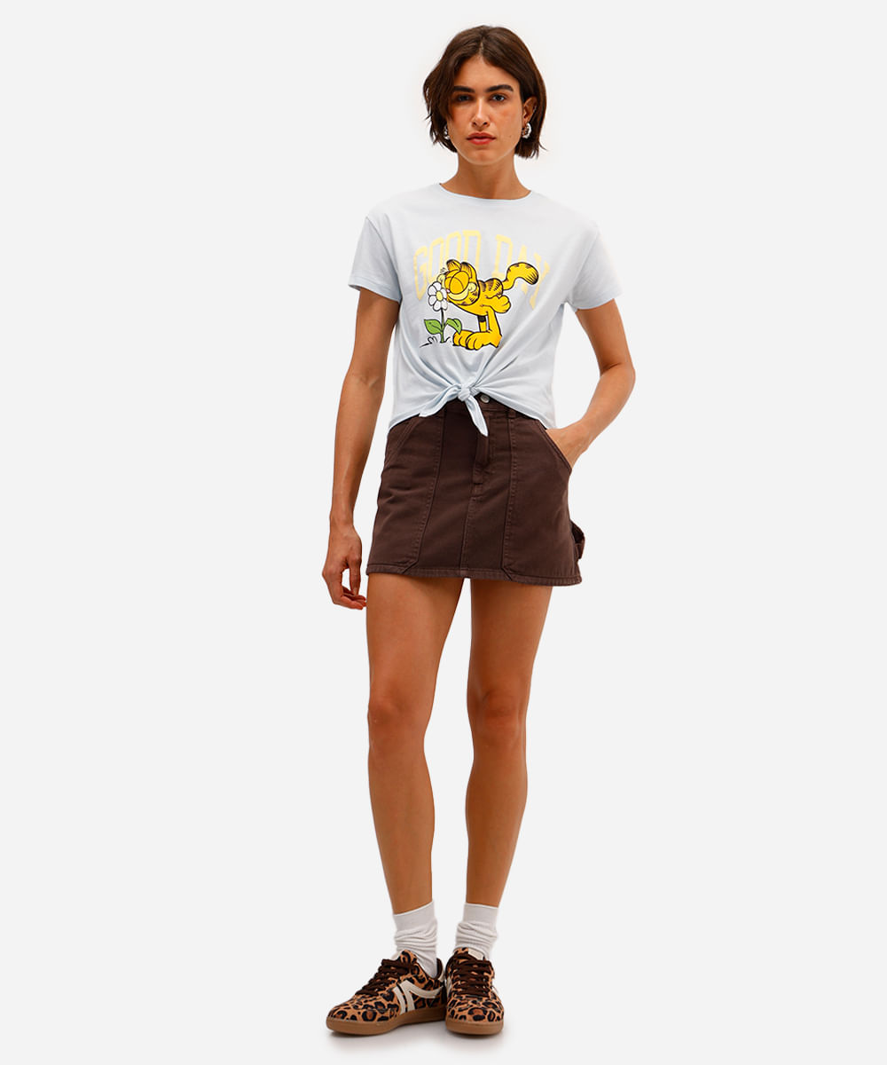 camiseta feminina de algodão garfield com amarração azul