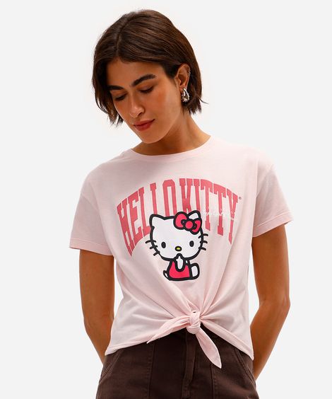 camiseta feminina de algodão hello kitty com amarração rosa