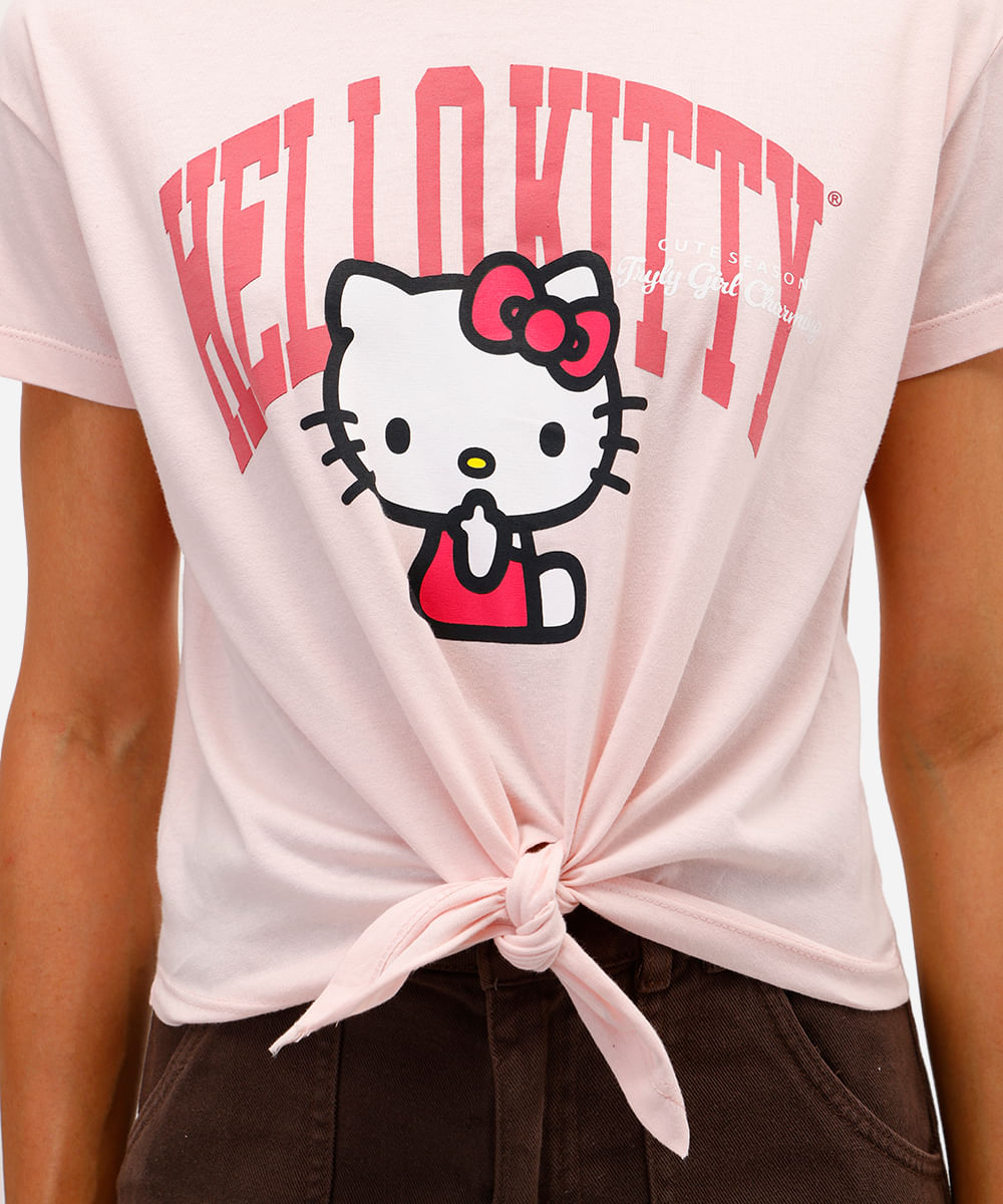 camiseta feminina de algodão hello kitty com amarração rosa