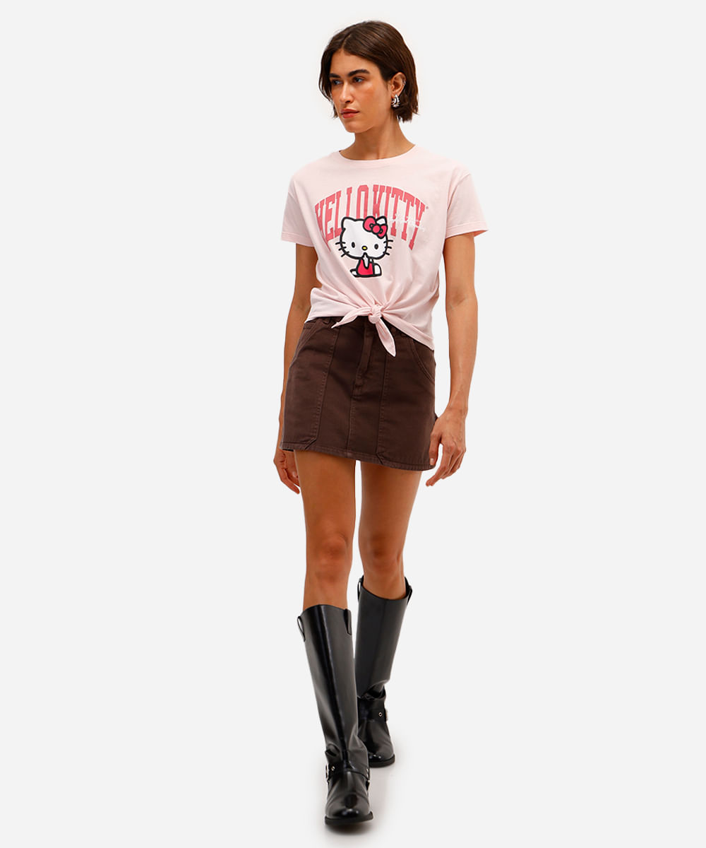 camiseta feminina de algodão hello kitty com amarração rosa