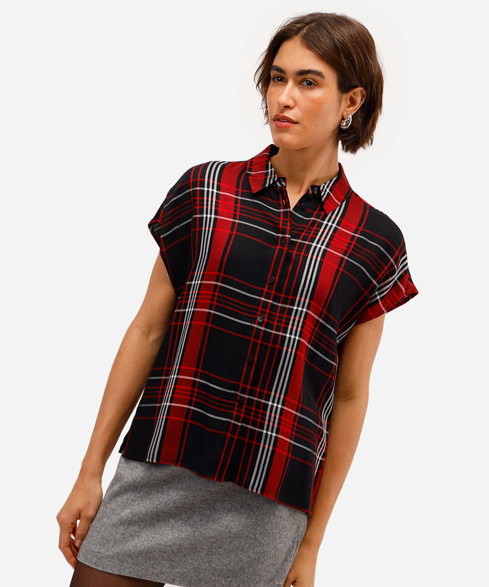 camisa muscle feminina de viscose xadrez preto