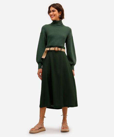 saia midi com linho cintura alta - verde floresta