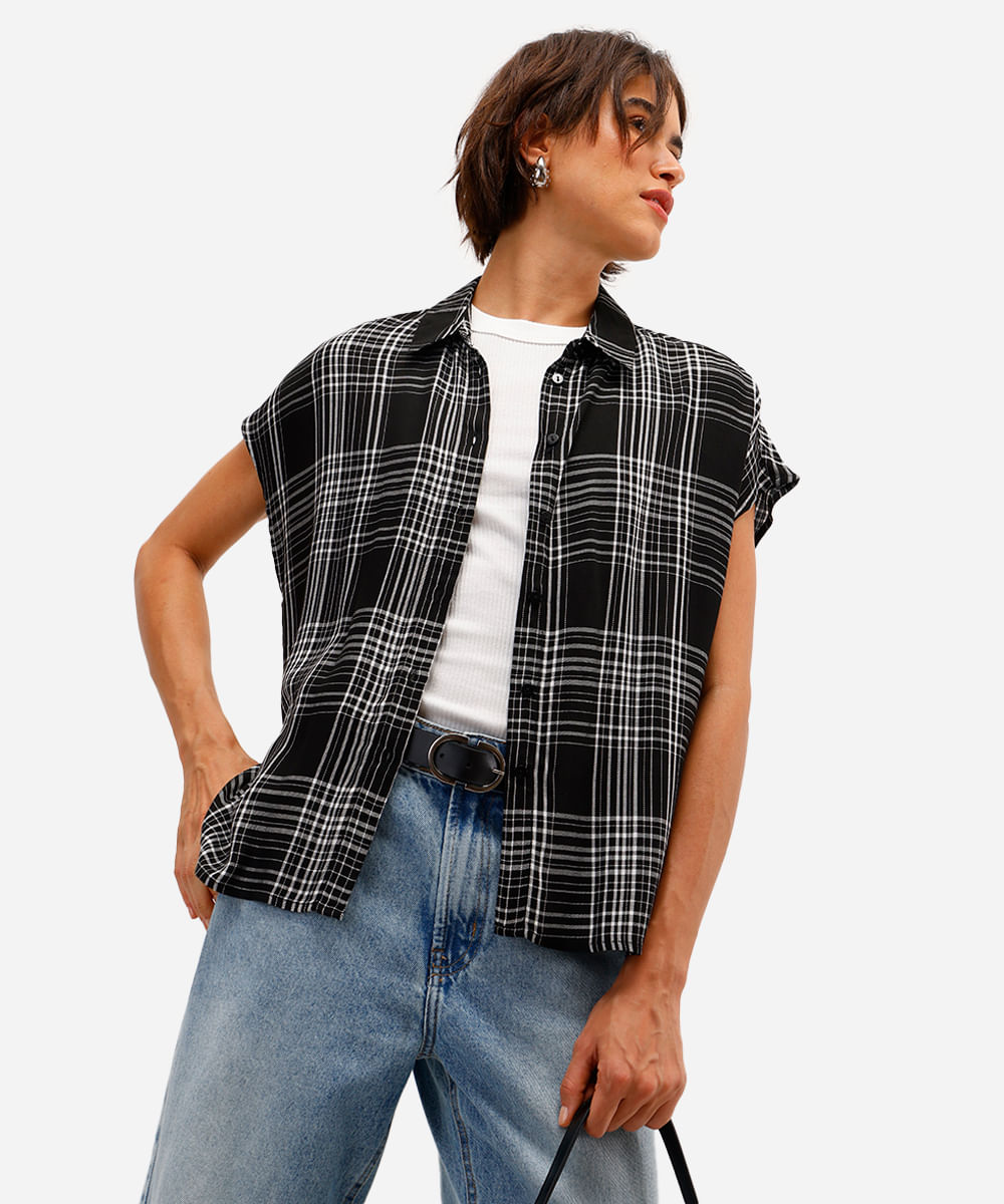 camisa muscle feminina de viscose xadrez preta