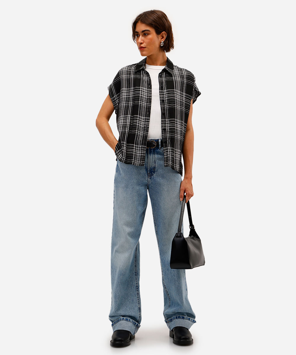 camisa muscle feminina de viscose xadrez preta