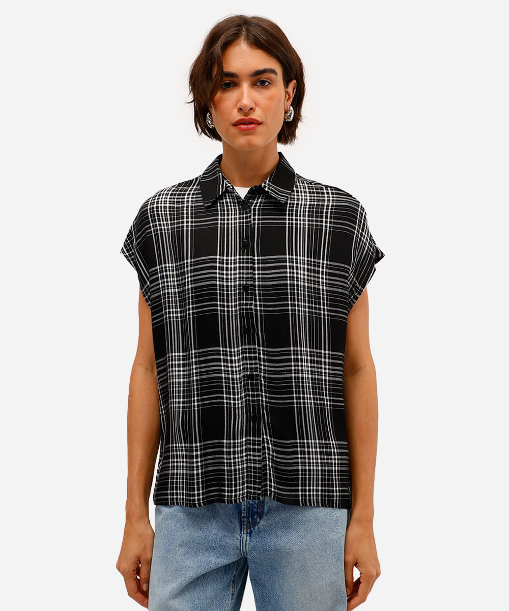 camisa muscle feminina de viscose xadrez preta