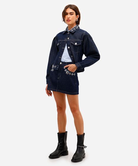 minissaia feminina jeans com brilhos azul