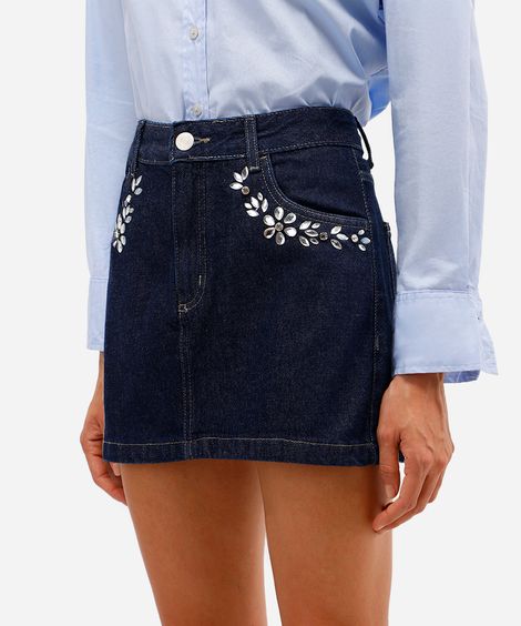 minissaia feminina jeans com brilhos azul