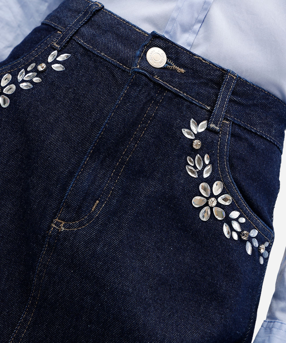 minissaia feminina jeans com brilhos azul
