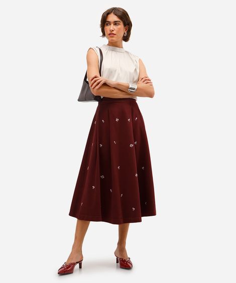 saia midi feminina de sarja com bordado floral vinho