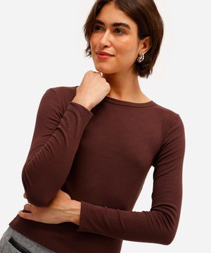 blusa básica feminina decote careca manga longa marrom