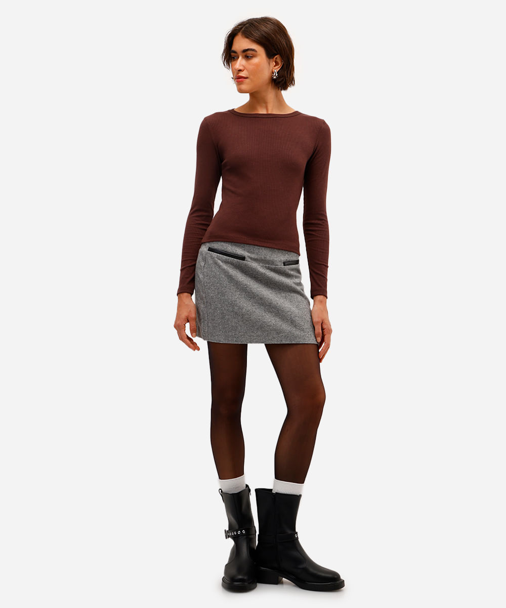 blusa básica feminina decote careca manga longa marrom