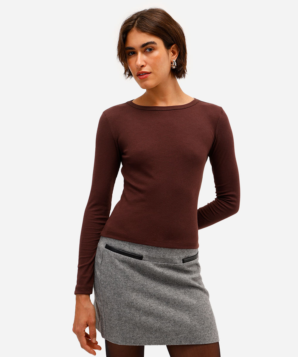 blusa básica feminina decote careca manga longa marrom