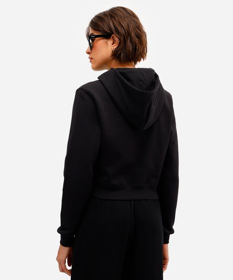 blusão básico feminino de moletom felpado cropped com capuz preto