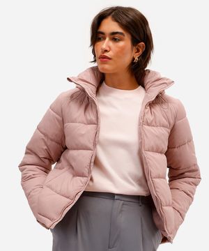 jaqueta feminina alongada puffer com capuz rosa