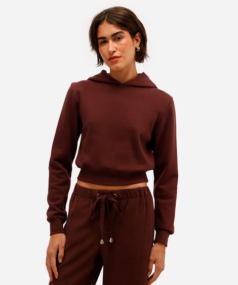 blusão básico feminino de moletom felpado cropped com capuz marrom