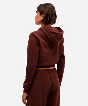 blusão básico feminino de moletom felpado cropped com capuz marrom