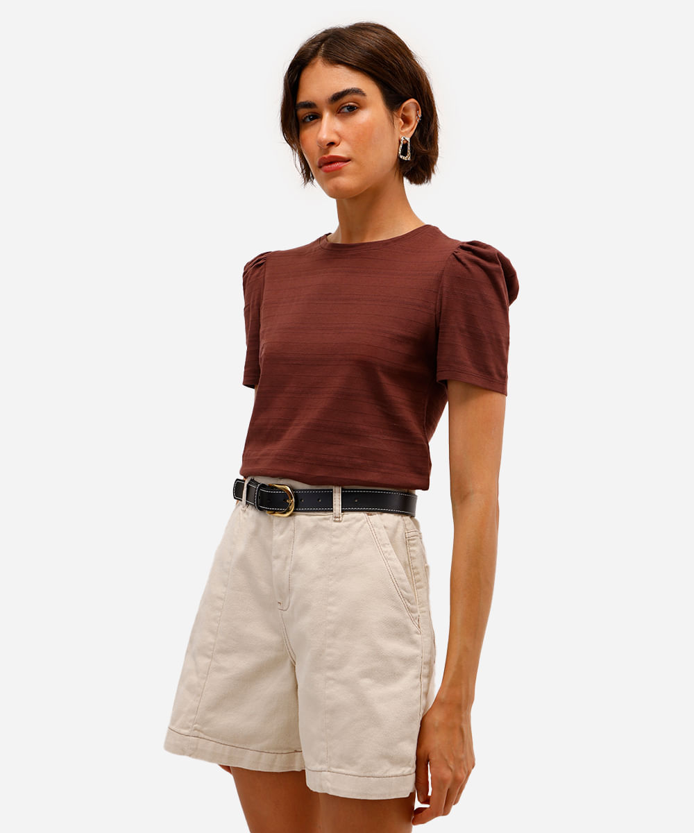 blusa feminina de algodão texturizada com manga bufante marrom