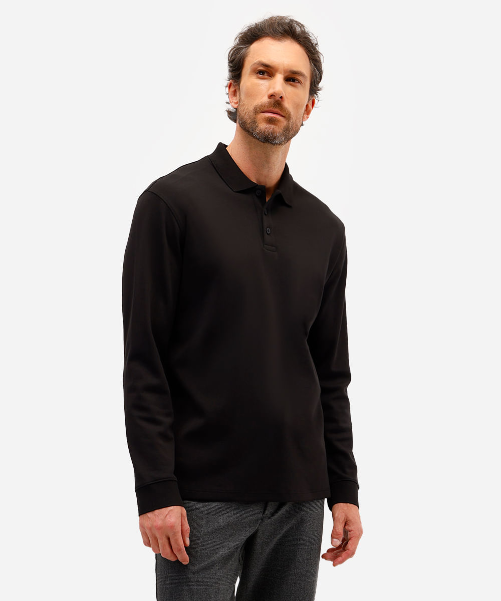 polo masculina de algodão peruano bold manga longa preta