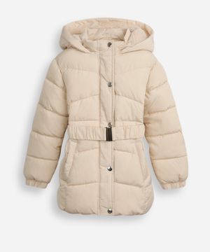jaqueta puffer infantil longa com cinto bege