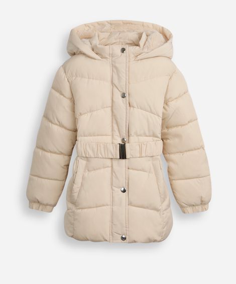 jaqueta puffer infantil longa com cinto bege