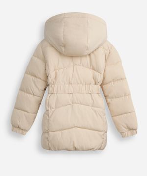 jaqueta puffer infantil longa com cinto bege