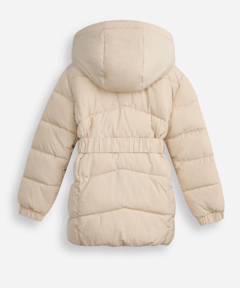 jaqueta puffer infantil longa com cinto bege