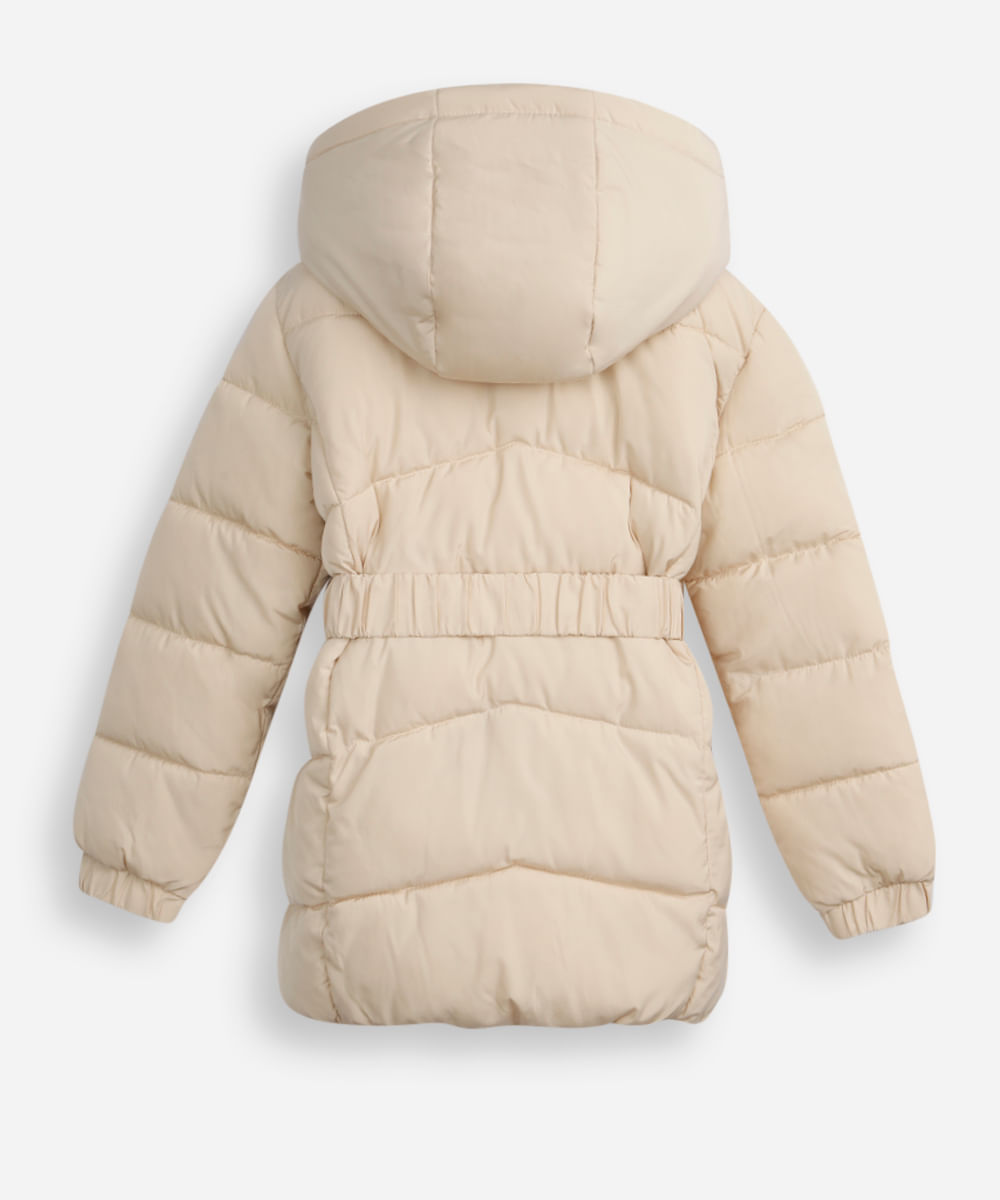jaqueta puffer infantil longa com cinto bege